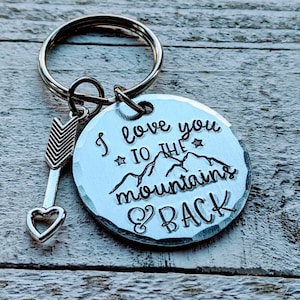 Hand Stamped Aluminum Keychain with Arrow Charm for Adventure Lovers and Travel Enthusiasts - Mountains Inspired Personalized Gift - Outdoor
