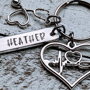 Personalized Hand Stamped Nurse Keychain with Stethoscope and Heartbeat Charm - Gift for Nursing School Graduate - RN Graduation Gift