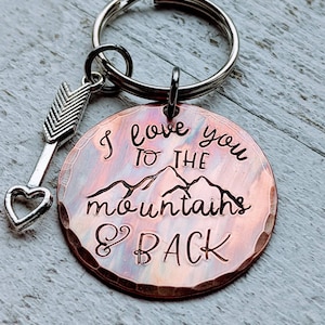 Hand Stamped Copper Keychain with Mountains Arrow Charm - Adventure Awaits - Outdoors - Travel Gift - Optional Name Bar - Unique Handmade
