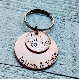 Hand Stamped Penny Keychain with Anniversary Year Personalized Couples Gift Hand Stamped Names Custom Valentine&#39;s Husband Valentine&#39;s