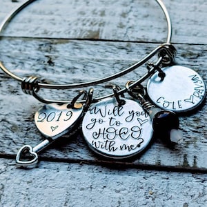 Hoco Promposal Bracelet with Custom Names and School Charm - Hand Stamped Personalized Jewelry for Homecoming and Prom Date Gift