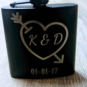 Personalized Heart and Arrow Stainless Steel Flask with Custom Engraving - Valentine's Gift for Him, Groomsmen Gift - 6 oz with Funnel