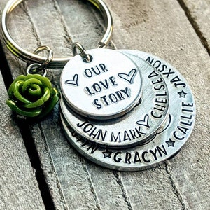 Personalized Hand Stamped Keychain for Anniversary, Marriage, Kids, and Family Love - Custom Stacked Discs with Names and Dates