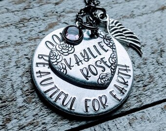 Hand Stamped Memorial Necklace – Personalized Name, Angel Wing Charm