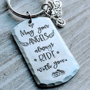 Hand Stamped Biker Dad Gift with Angel Charm & Customization Option - Perfect Fathers Day Gift for Biker Girlfriend - Personalized Jewelry