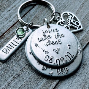 Sweet 16 Hand Stamped Charm Bracelet with Birthstone and Name Tag, Guardian Angel & Jesus Take the Wheel, Birthday Gift for New Driver