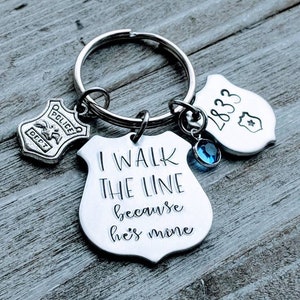 Thin Blue Line Police Wife Badge Keychain with Cop Charm & Birthstone - Hand Stamped Personalized Law Enforcement Gift - Custom Badge Number