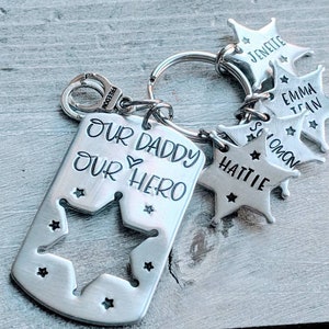 Personalized Sheriff Dad Keychain – Hand Stamped Dog Tag with Handcuff Charm