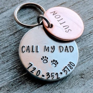 Pet ID name tags with phone number. Mixed metal. Pet identification. Dog tag. Cat name tag. Call my mom! Lost pet. Call my dad!