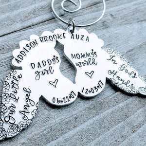 Handmade Angel Baby Memorial Ornament | Personalized with Baby&#39;s Name & Dates | Baby Feet - Angel Wing Design | Child Loss Gift | In God&#39;s