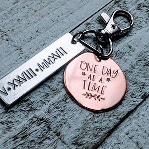 Hand Stamped Sobriety Date Key Chain Reminder for AA, NA, Clean & Sober - Customizable Date in Roman Numerals - Motivational Sober Birthday