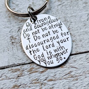 Christian Verse Keychain Be Strong and Courageous Ministry Gift - Hand Stamped Joshua 1:9 for Son - Personalized Bible Verse Keychain