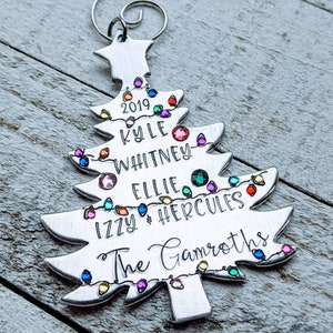 Family Birthstone Tree Ornament with Custom Family Names - Hand Stamped Personalized Gift - Up to 8 Names - Customizable Metal Ornament