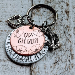 Personalized Chiropractor Appreciation Keychain with Skeleton and Heart Charm - Hand Stamped Aluminum and Copper Keychain - Unique Gift for
