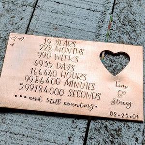 Portafoglio in bronzo per il 19° anniversario / Conto alla rovescia personalizzato timbrato a mano / Regalo di anniversario tradizionale / Nomi e data personalizzabili