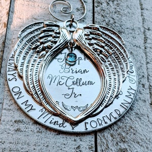 Personalized Hand Stamped Memorial Ornament for Grandparent Loss - Angel Wings, Birthstone, Dates of Life - Unique Grandpa Remembrance Gift