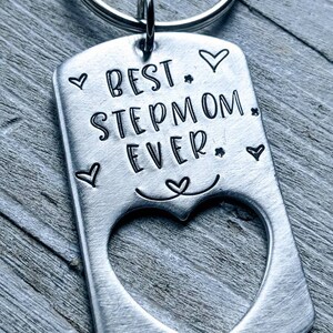Hand Stamped Keychain for Step-Mom - Mother&#39;s Day Gift - Blended Family Jewelry - Personalized Keychain for Bonus Mom - Handmade Dog Tag