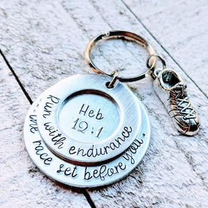 Hand Stamped Keychain with Inspirational Fitness Quote and Tennis Shoe Charm - Customized Fitness Gift with Unique Hand Stamped Design