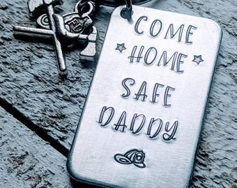 Hand Stamped Firefighter Dad Keychain | Personalized Fireman Gift