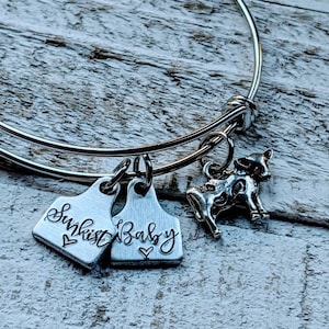 Personalized Cow, Pig, Goat, Sheep Ear Tag Bracelet Bangle - Hand Stamped Farming Jewelry for 4H Show, Agriculture Enthusiasts - Child or