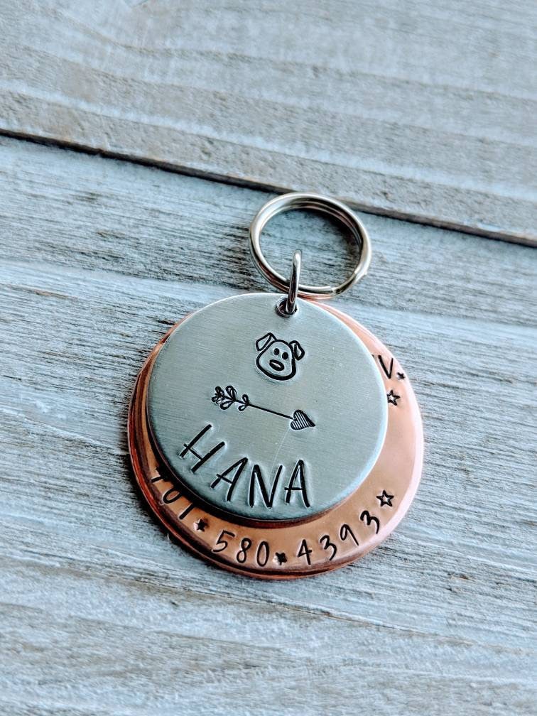 Hand Stamped Copper Pet ID Tag, Personalized Stacked Discs - Etsy