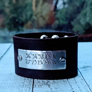 Unique Hand Stamped Latitude Longitude Cuff Bracelet, Recycled Leather, Men&#39;s Jewelry, Personalized Coordinates, Proposal, Engagement,
