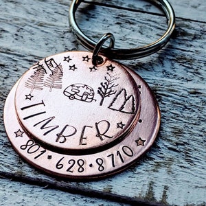 Hand Stamped Pet ID Tag Set with Nature Designs - Personalized Dog & Cat Identification Collar Charms - Custom Pet Name Tags - Copper Discs