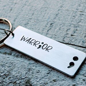 Hand Stamped Warrior Sobriety Key Chain with Semicolon Cut Out - Clean and Sober Motivation for Alcoholics Anonymous and NA - Customizable