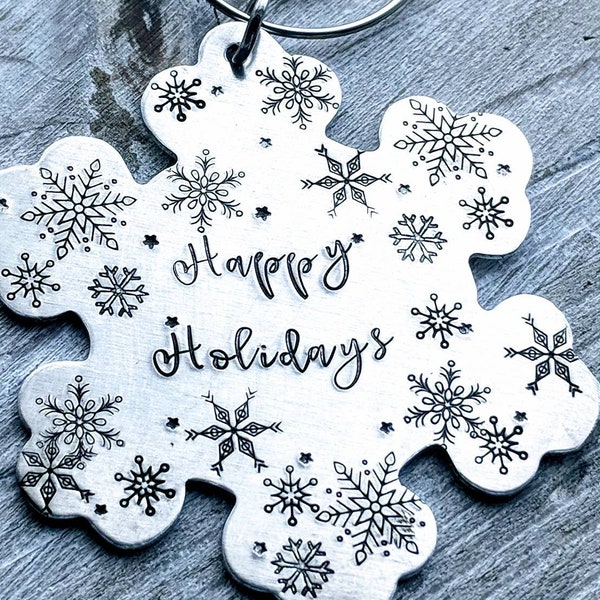 Snowflake ornament. Happy holidays. Hand Stamped aluminum metal snowflake. Generic gift. Unisex. Work gift. Secret santa.