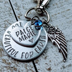 Hand Stamped Bereavement Keychain with Angel Wing Charm and Birthstone - Personalized Remembrance Jewelry for Mothers of Infant Loss