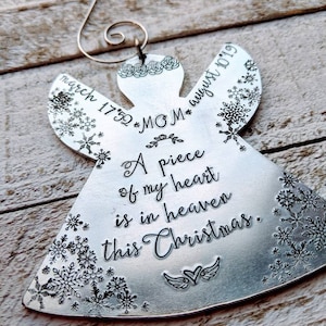 Personalized Memorial Angel Ornament with Hand Stamped Dates & Quote | Christmas Snowflake Rose Decor | Customizable Remembrance Gift