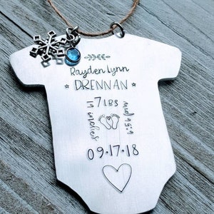Personalized Baby&#39;s First Christmas Ornament with Birthstone and Stats Hand Stamped Onesie Snowflake Charm New Baby Gift