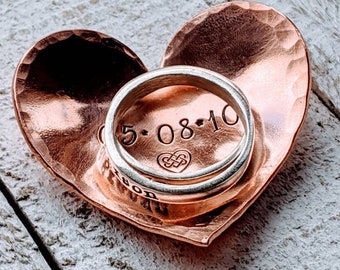 Personalized Copper Heart Ring Holder - Stamped Trinket Dish for 7th Anniversary Gift - Handcrafted Anniversary Keepsake with Love Knot