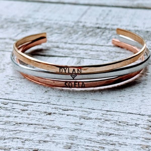 Personalized Kids&#39; Names Stacking Bangles - Hand Stamped Mixed Metal Cuffs - Mom Gift - Minimalist Jewelry - Skinny Bangle - Custom
