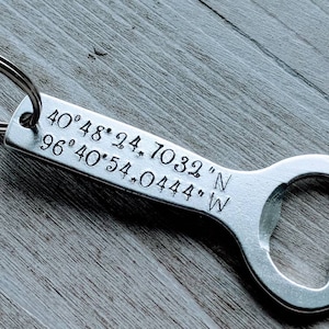 Personalized Latitude Longitude Coordinates Keychain Bottle Opener - Hand Stamped Gift for Him, Boyfriend/Fiancé, Anniversary - Custom