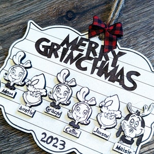 Décoration de Noël Grinch - Décoration de Noël faite main gravée au laser - Motifs personnalisables pour garçons, filles et chiens - Idée cadeau personnalisée