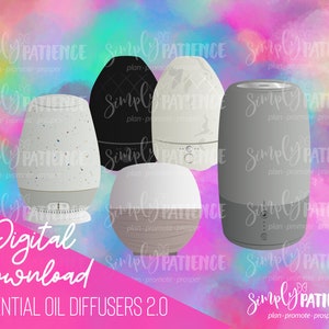 May include: Digital download of four essential oil diffusers in various colors and designs. The diffusers are round and have a modern look. The text "Simply Patience" is repeated throughout the image.