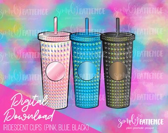 Digital and Printable Iridescent Pink, Blue, Black Cup Planner Stickers