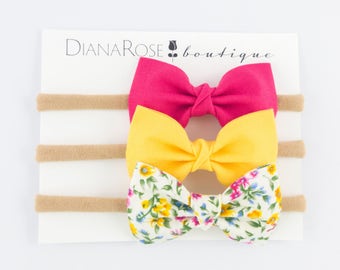 Summer Easter Baby Headband Fabric Headband Hair Bow Nylon Headband Yellow Golden Fuchsia Flower Floral Pattern Bow Headband Nylon Headband