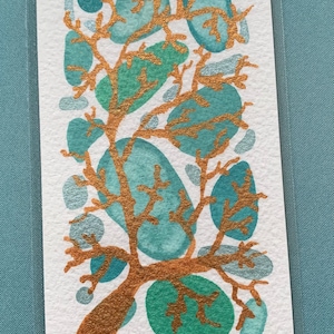 Seaglass & Coral Bookmark, Handmade, Watercolor, Blue, Green and Gold Bookmark, Hand-painted, Laminated Bookmark, Karen Nataline Designs
