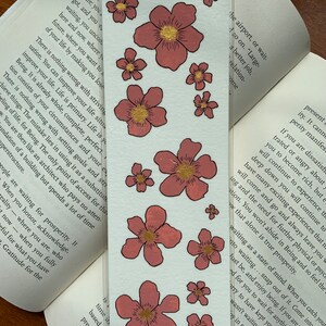 Pink Flowers Bookmark by Karen Nataline Designs, Hand-painted, Watercolor and Ink, Pink and Gold, Handmade, Laminated, Birthday Gift