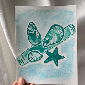 Watercolor Shells and Starfish Painting by KarenNatalineDesigns, Beach Wall Art, Coastal Art, Original Art, Home Decor, Beach House Art