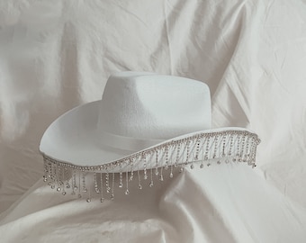 Rhinestone Fringe Cowboy Hat - White Pink Diamond Cowboy Hat