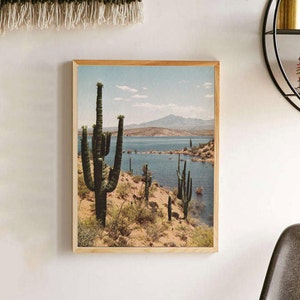 Vintage Arizona Saguaro Lake Photograph Poster - Arizona Saguaro Cactus Photo Wallart - Desert Adventure Blue Skies Wall Art Print