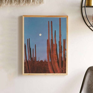 Vintage Arizona Desert Night Time Photograph Poster - Arizona Saguaro Cactus Photo Wallart - Full Moon Blue Nigthtime Sky Wall Art Print