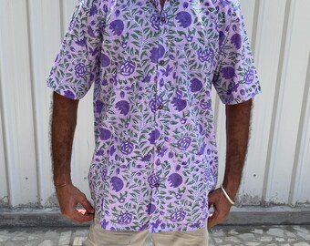 Indigo print shirt , Mens summer shirt , Indian Hand Block Printed Shirt , Cotton Printed Shirt , Short sleeve Shirt , Block Print Shirt