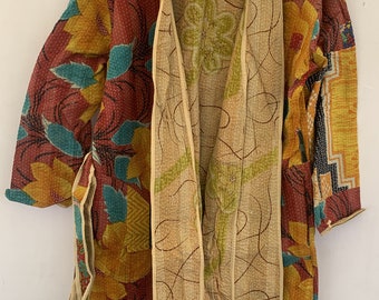 Winter Short Jacket ,Coat ,Vintage Kantha Patchwork Handmade Kantha Stitch Robe,Cotton Kimono,Bath Robe,Swim Wear, Free Size.Long Jacket jv