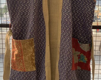 Sleeve Less Long Vintage Kantha Quilt Jacket Bath Robe Kimono Without Sleeve Coat Reversible Style Winter Jacket