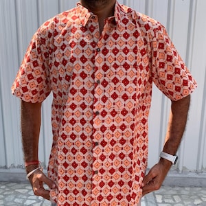 Block print shirt , Men&#39;s summer shirt , Hand Block Printed Shirt , Leaf  Printed Shirt , Short sleeve Shirt , Indigo  Print Shirt