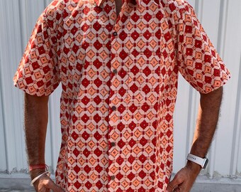 Block print shirt , Men&#39;s summer shirt , Hand Block Printed Shirt , Leaf  Printed Shirt , Short sleeve Shirt , Indigo  Print Shirt